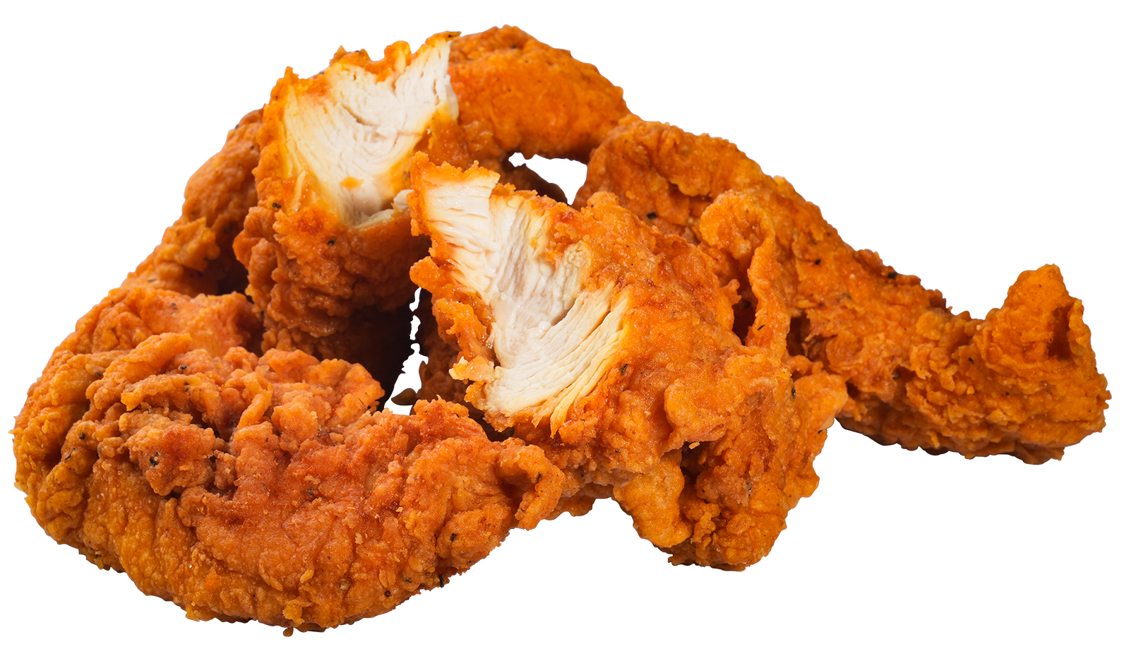 Fried chicken tenders, golden-brown and crispy, one broken open to show white meat.