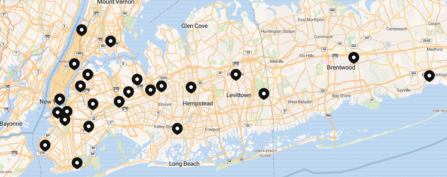 Map of New York City and Long Island with black location markers.
