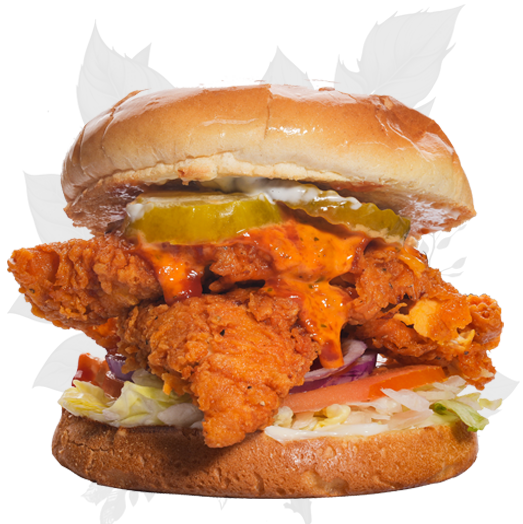 Fried chicken sandwich with pickles, sauce, and lettuce on a bun.