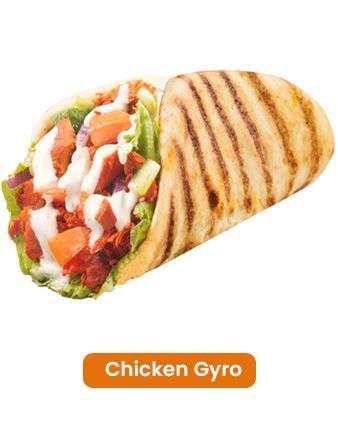 Chicken gyro with grilled bread, filled with lettuce, tomato, cucumber, red onion, and white sauce.