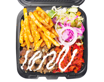 A takeaway container with fries, two types of meat, salad, and red onions, drizzled with white sauce.