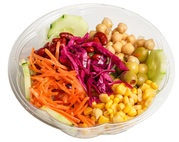 Salad bowl with carrots, cucumber, chickpeas, red cabbage, corn, olives, and kidney beans.