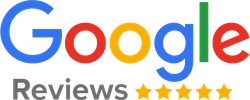 Google Reviews logo with blue, red, yellow, and green letters, gray 