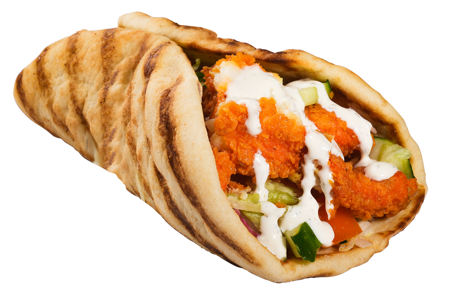 Grilled pita wrap filled with orange crispy chicken, vegetables, and white sauce.