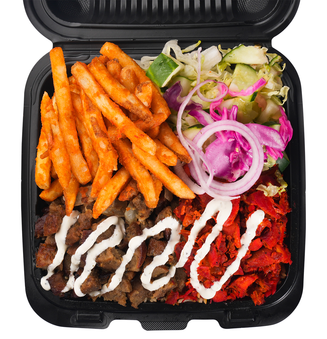 Shawarma platter with fries, meat, vegetables, and white sauce in a black container.