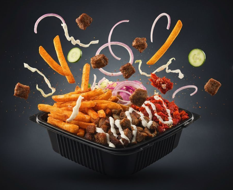 Chicken and fries dish with salad, drizzled with white sauce.