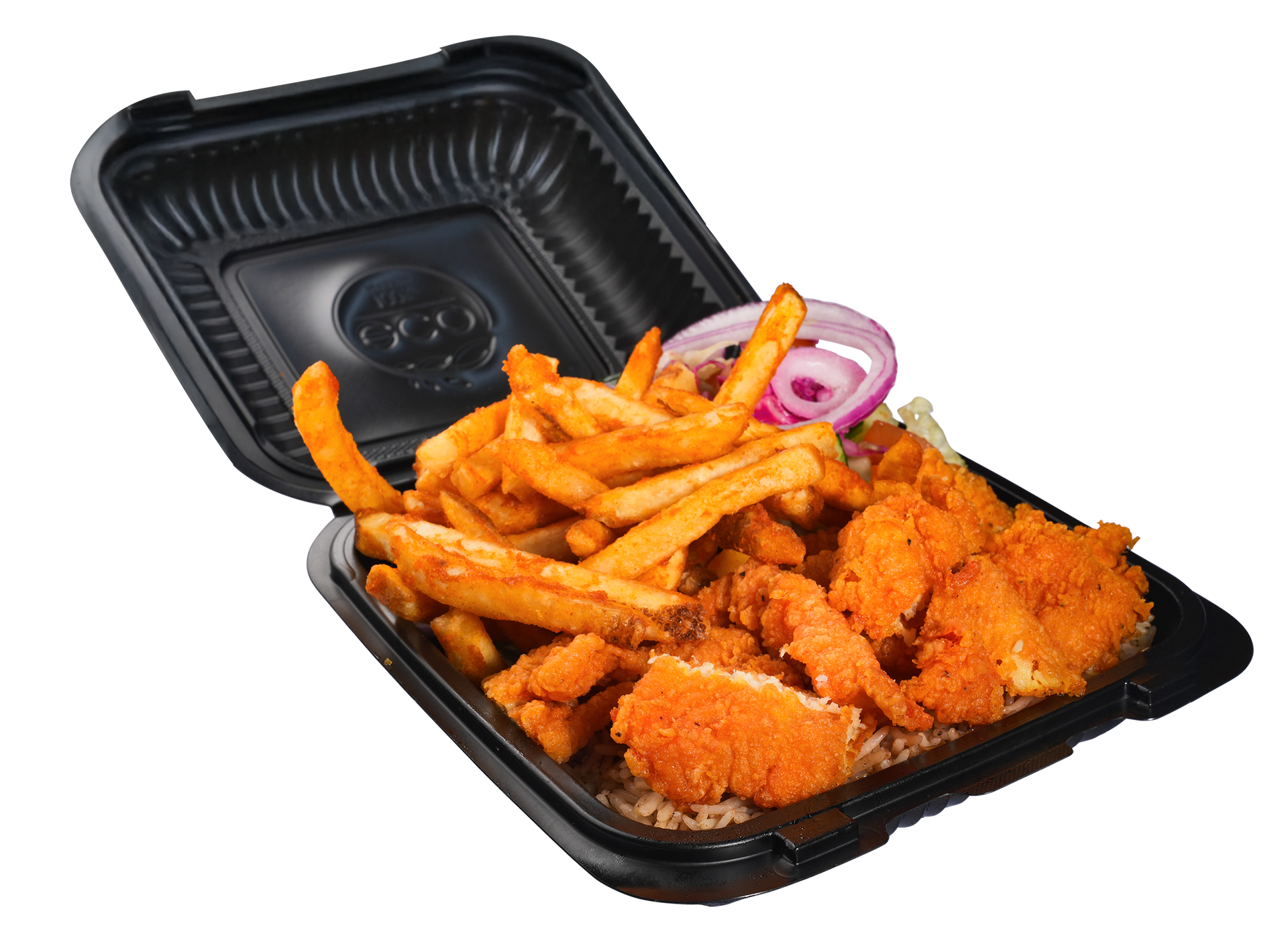 Fried chicken and fries in a black takeout container, with onion slices.