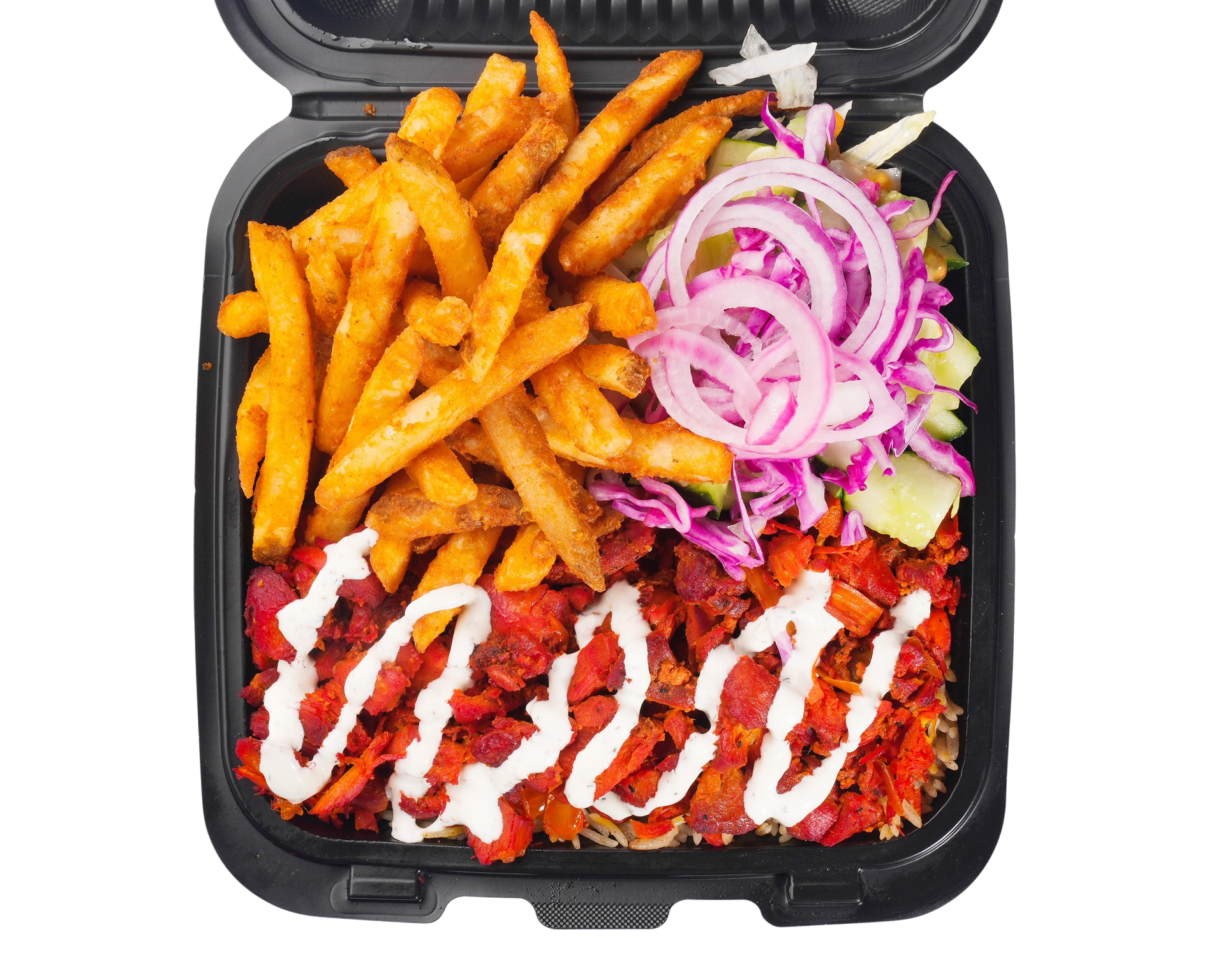 Takeout container with fries, red meat, salad, and white sauce.