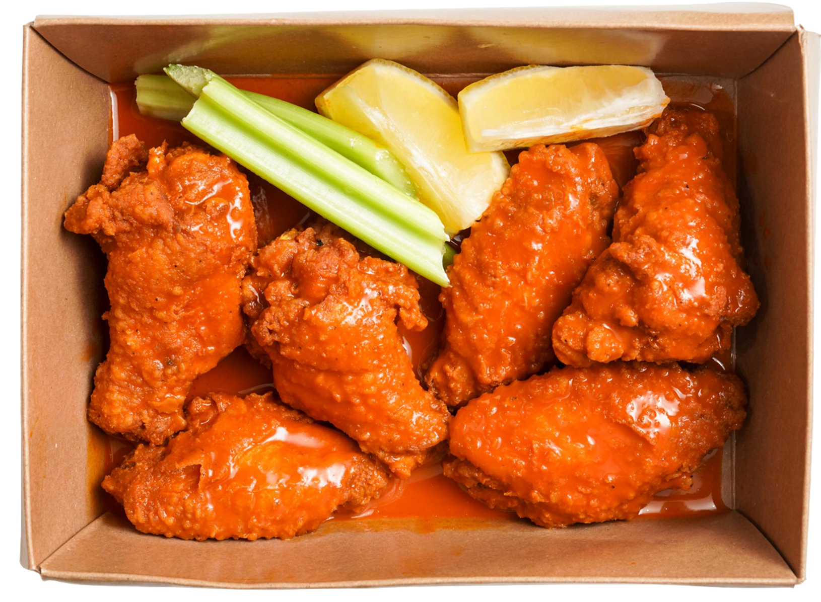 Buffalo wings, celery, lemon wedges in a cardboard box.