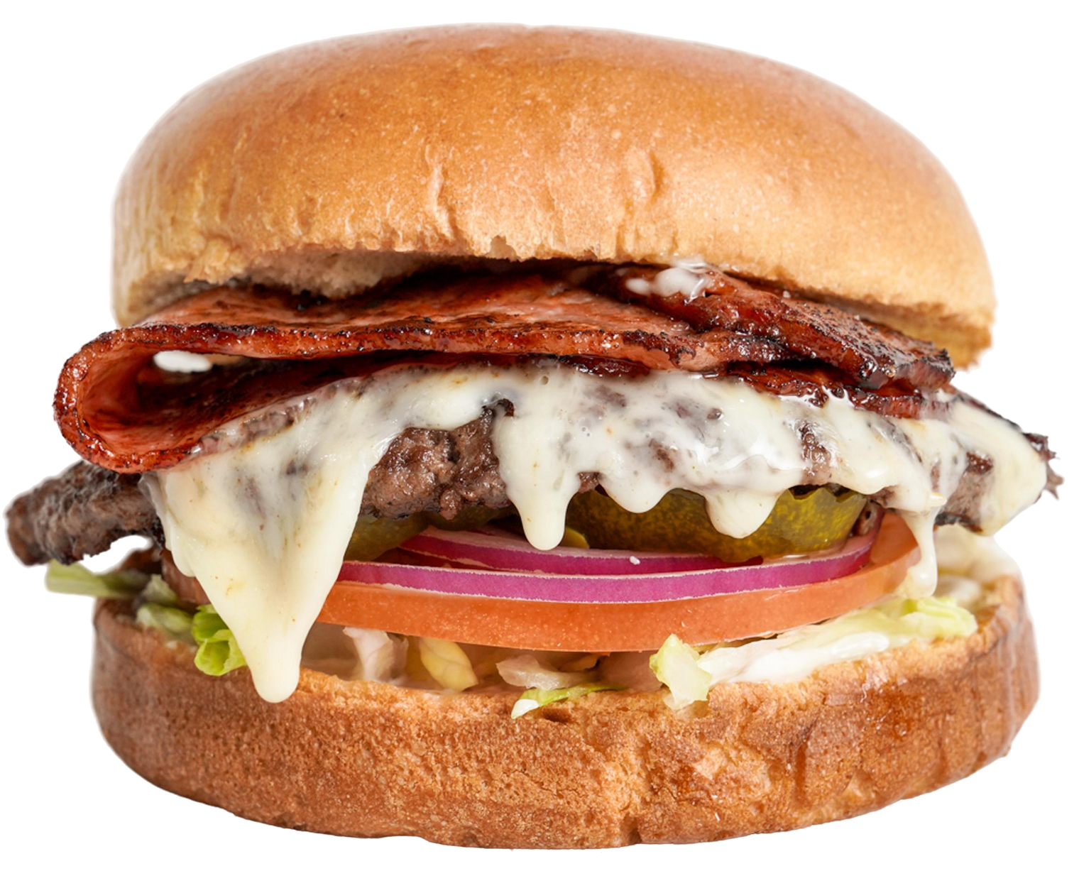 Burger with bacon, cheese, tomato, onion, and lettuce on a toasted bun.