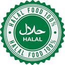 Halal food certification seal in green and white, with Arabic and English text.
