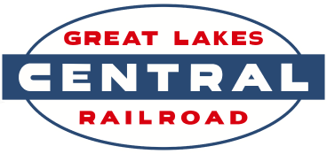 The logo for the great lakes central railroad is blue and white.