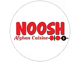A red and white logo for a restaurant called noosh afghan cuisine.
