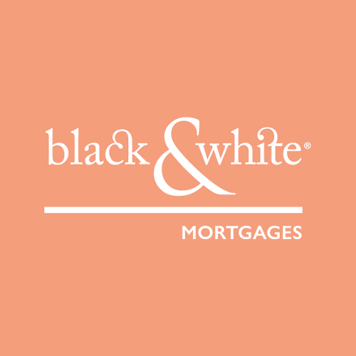 The logo for black and white mortgages is on a pink background.