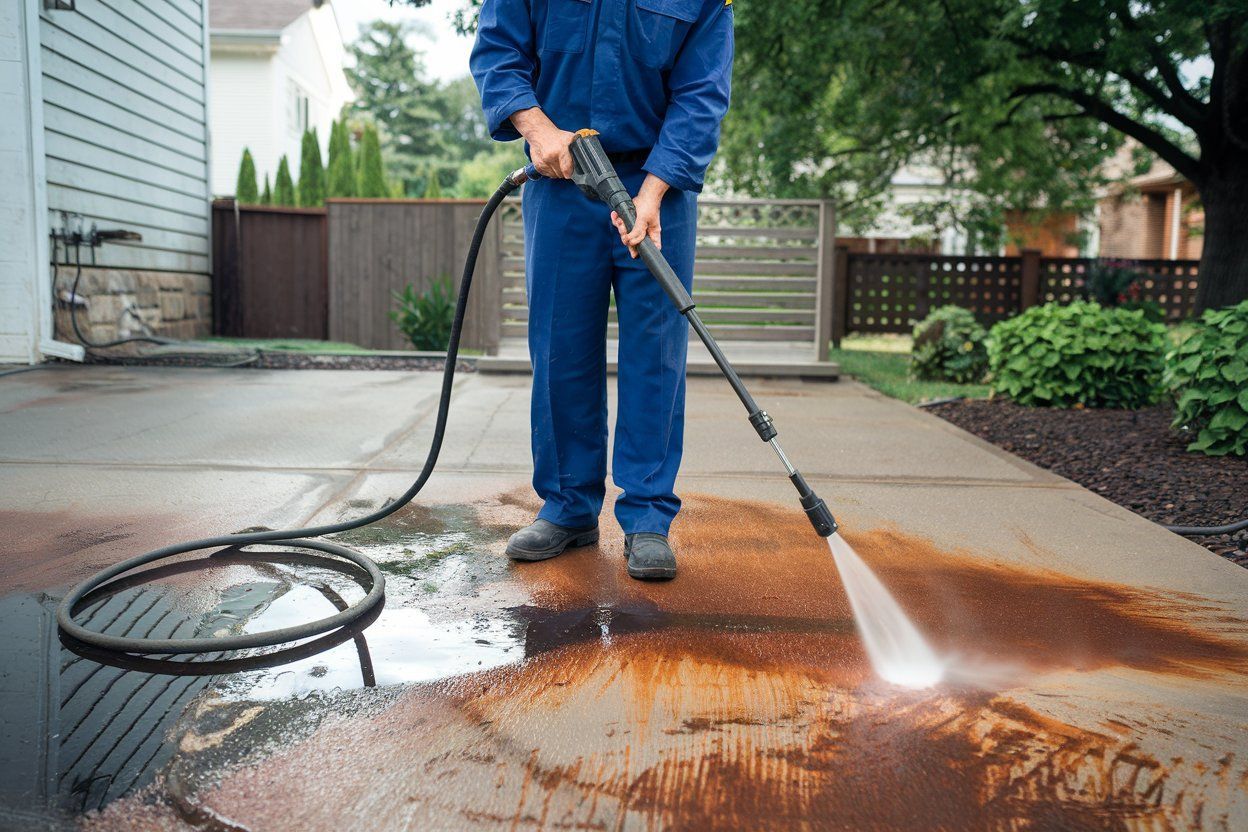 A man is using a high pressure washer to clean a sidewalk in front of a van.