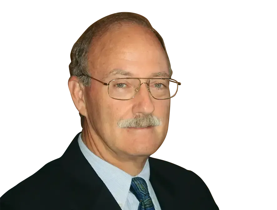 A Man With Glasses and a Mustache is Wearing a Suit and Tie — Morris Legal & Conveyancing in Forster, NSW