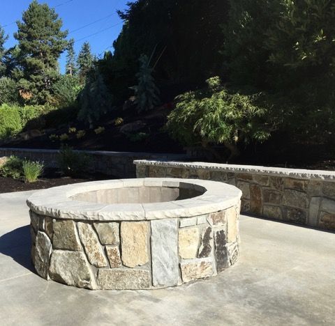 A stone fire pit sits on a concrete patio with trees in the background