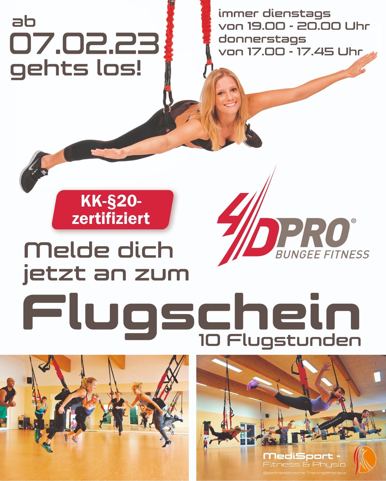 Ein Poster für Bungee-Fitness mit einer Frau, die durch die Luft fliegt