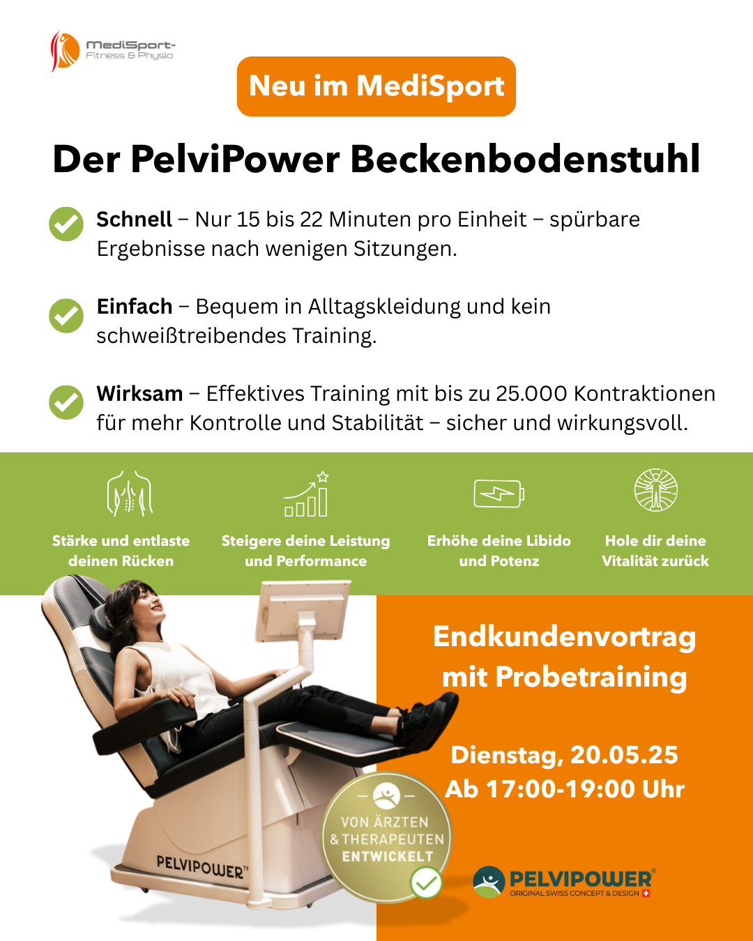 Eine Frau sitzt auf einem Stuhl, auf dem ein Monitor steht.