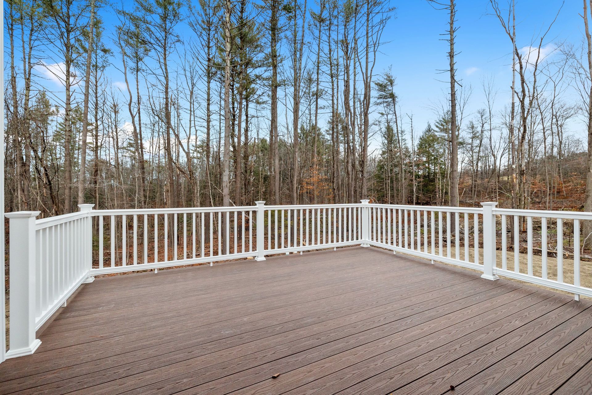 White railed deck with brown flooring, forest backdrop, blue sky.