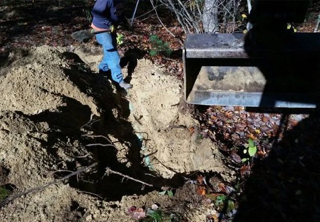 A person is digging in the dirt with a shovel