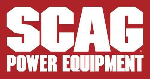 A red and white logo for scag power equipment