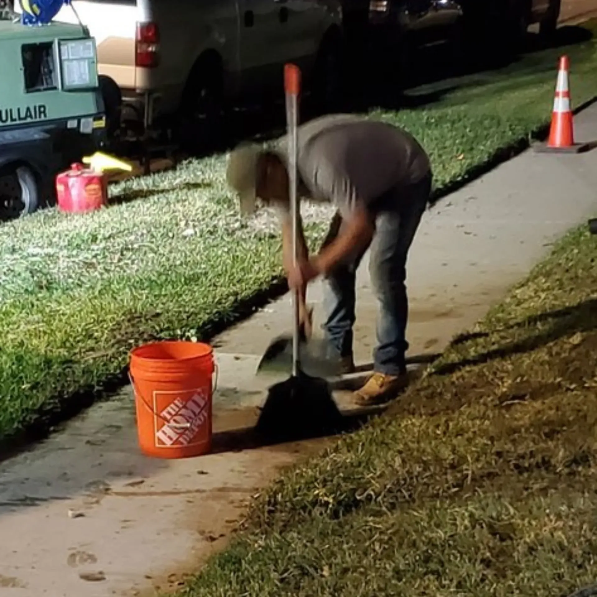 Ted & Bros Plumbing | man cleaning a sidewalk next to an orange bucket that says the home depot