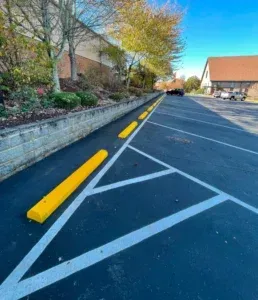 A parking lot with yellow curbs and white lines