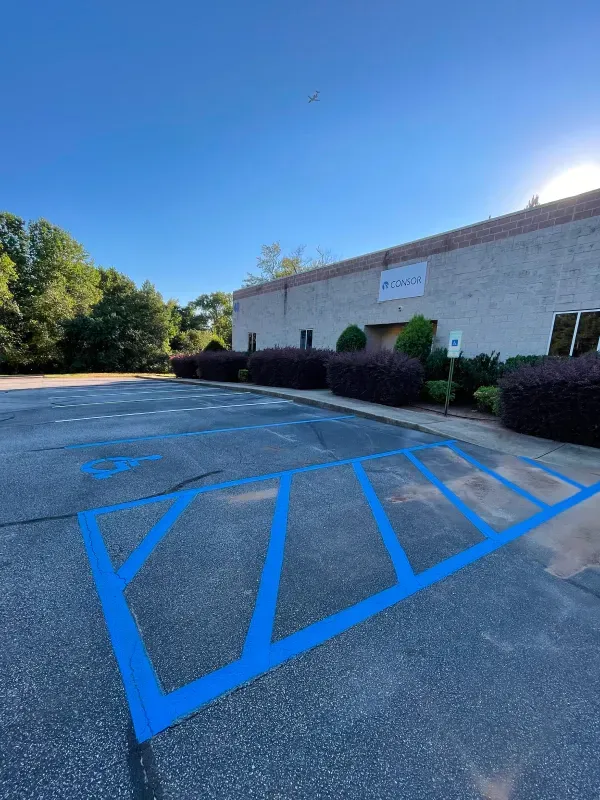 A parking lot with a blue line in the middle