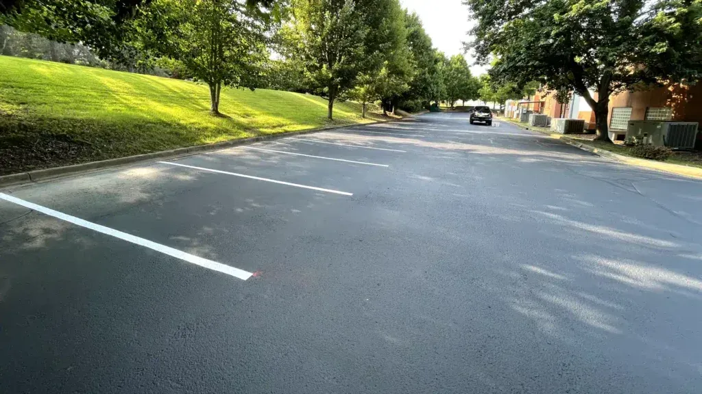 A car is driving down a street with trees on both sides.