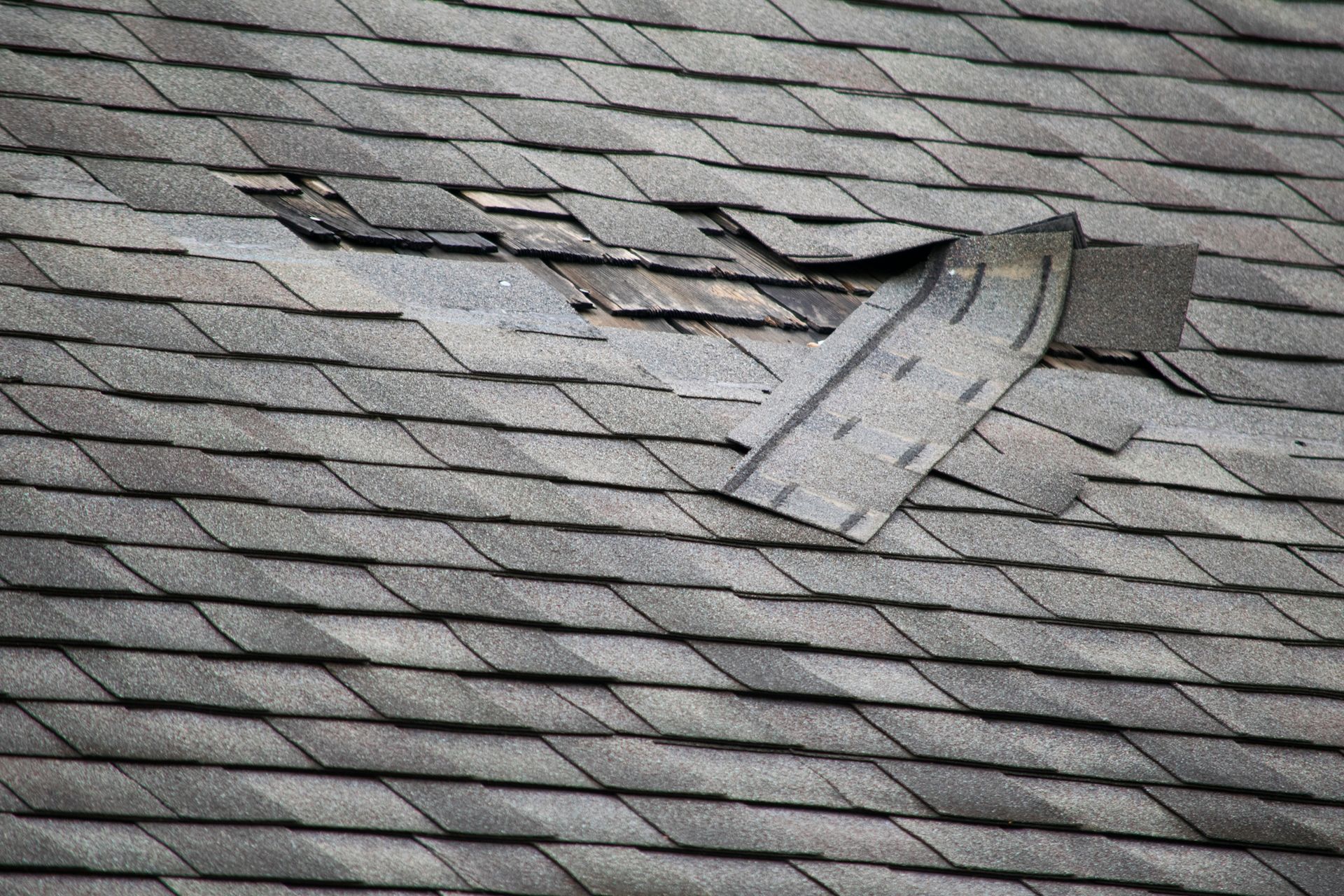 Damaged gray shingle roof with a large hole exposing the underlayment beneath