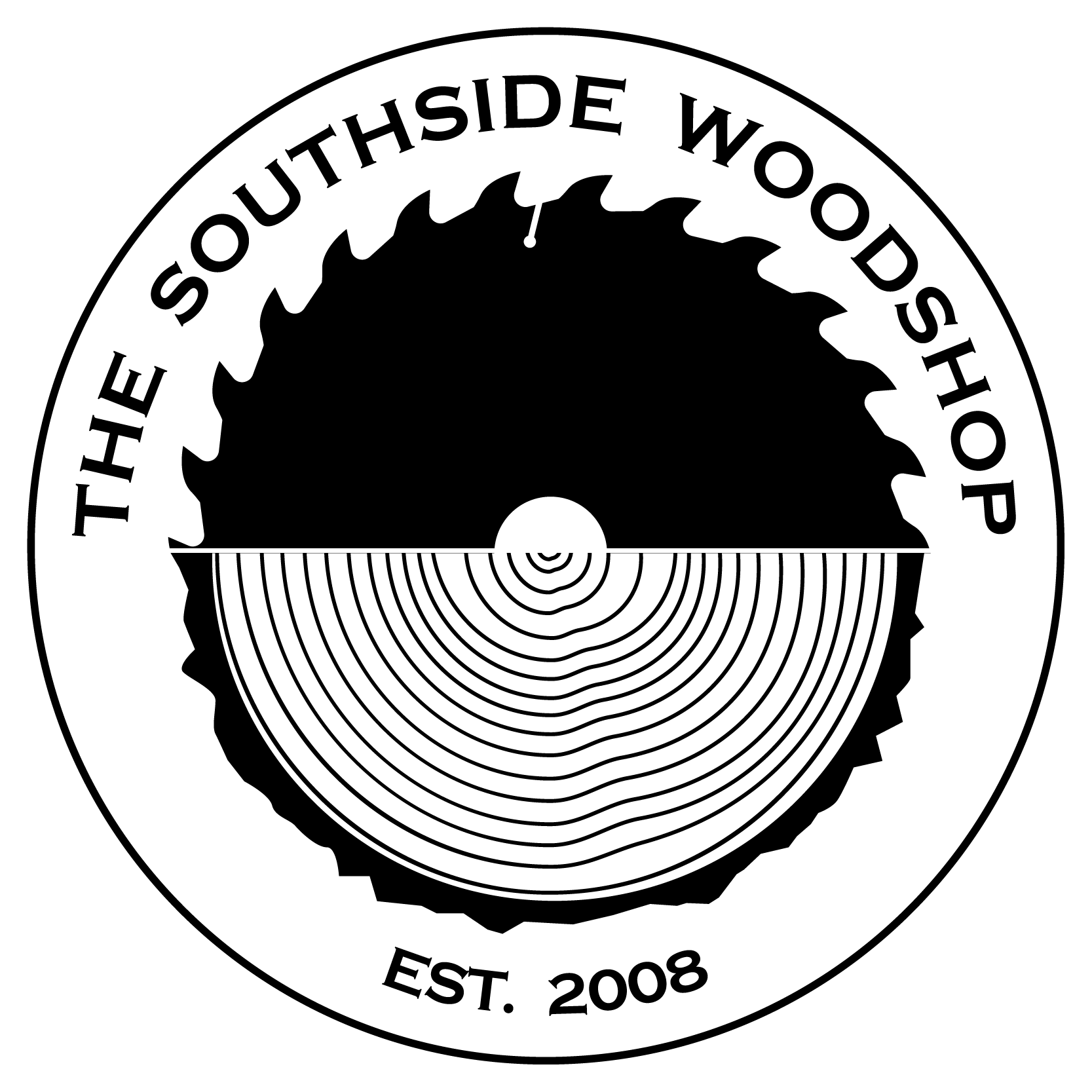A black and white logo for the southside woodshop shows a circular saw blade cutting a piece of wood.