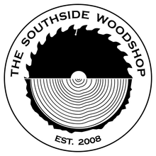 A black and white logo for the southside woodshop shows a circular saw blade cutting a piece of wood.