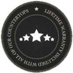 A black circle with three stars inside of it that says `` lifetime warranty included with all countertops ''.