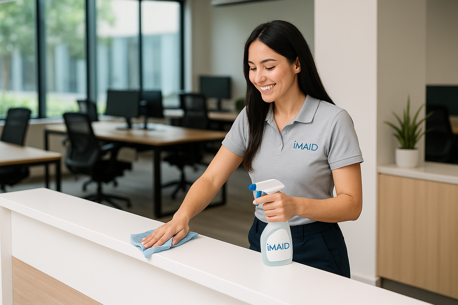 A group of people are cleaning an office.