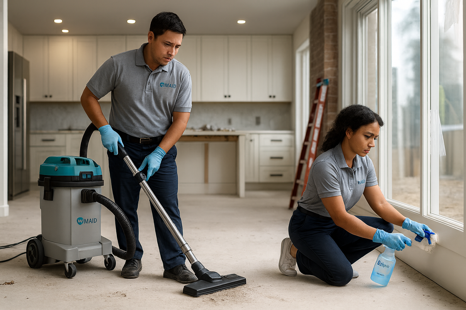 A man is using a shovel to remove concrete from the floor.