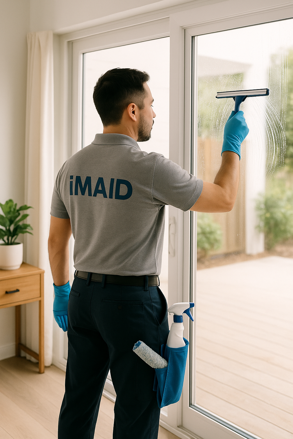 A man in blue gloves is cleaning a window with a squeegee.