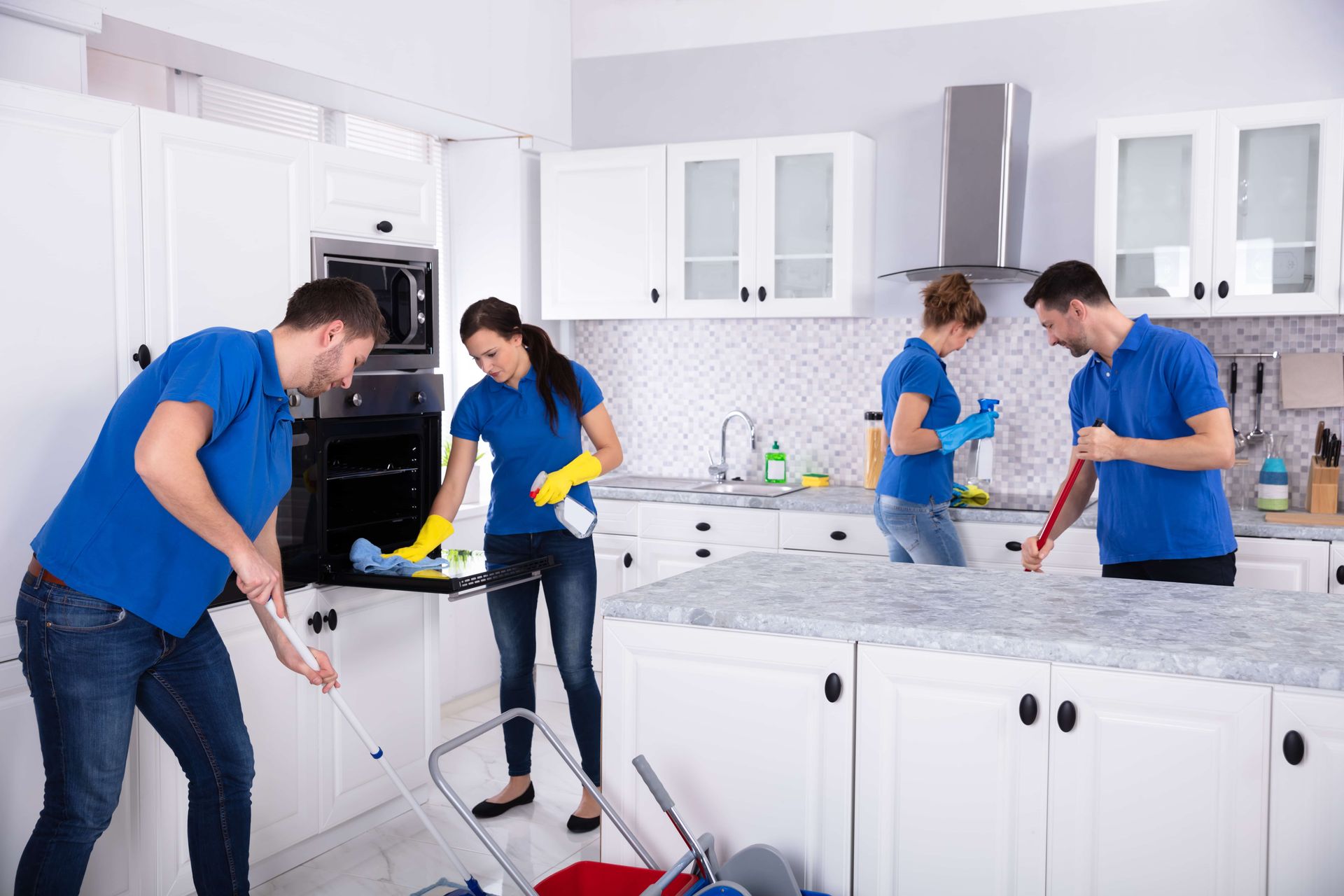A group of people are cleaning a kitchen together.