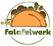 Falafelwerk logo: orange falafel sandwich with green and brown toppings, green text and circle border.