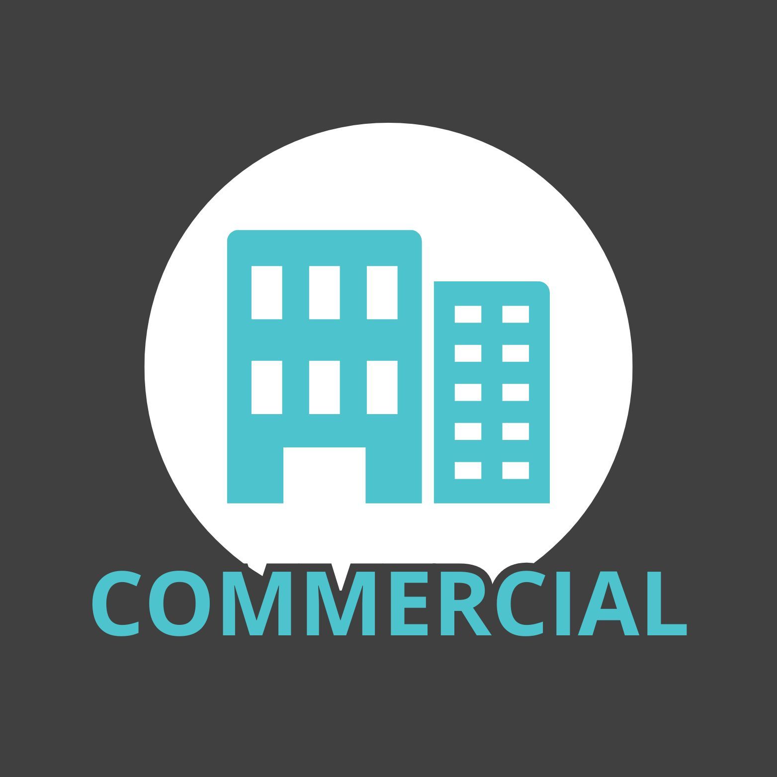 Blue commercial buildings icon in white circle, text