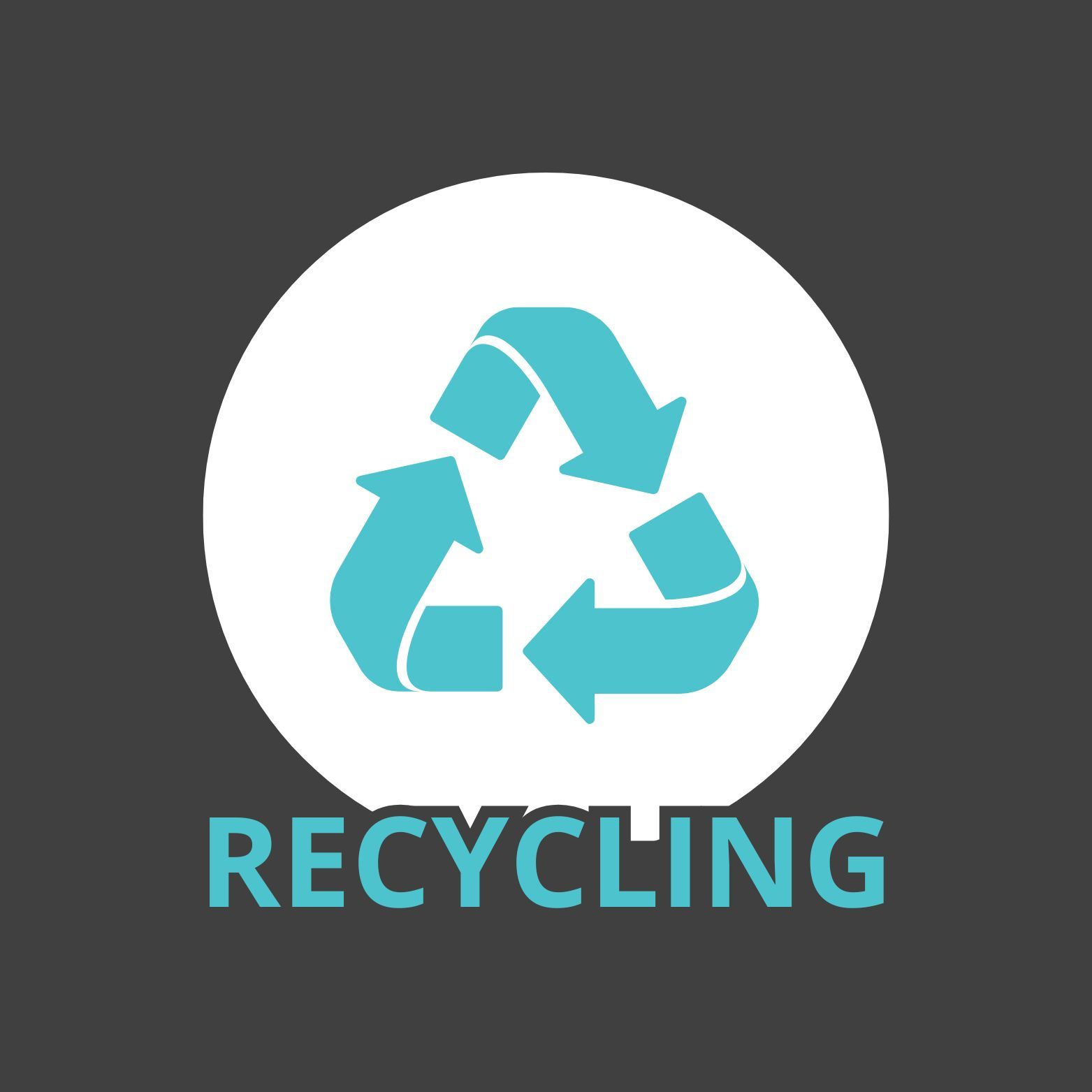 Recycling symbol in light blue and white on a dark gray background. Label below reads