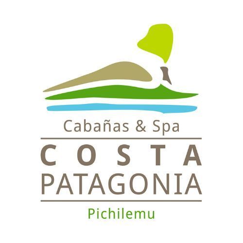 A logo for costa patagonia with a mountain in the background