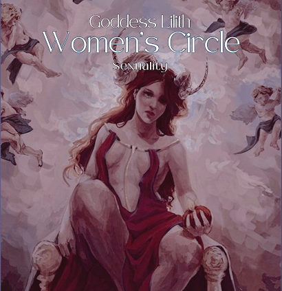 A painting of a woman in a red dress with horns is titled goddess lilith women 's circle