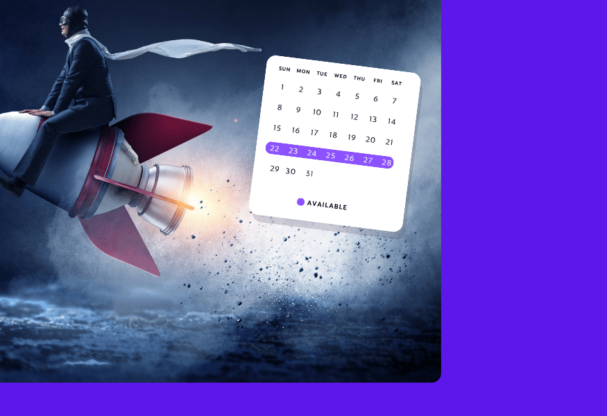Businessman on a rocket, calendar showing selected dates in purple, against a dark, cloudy background.