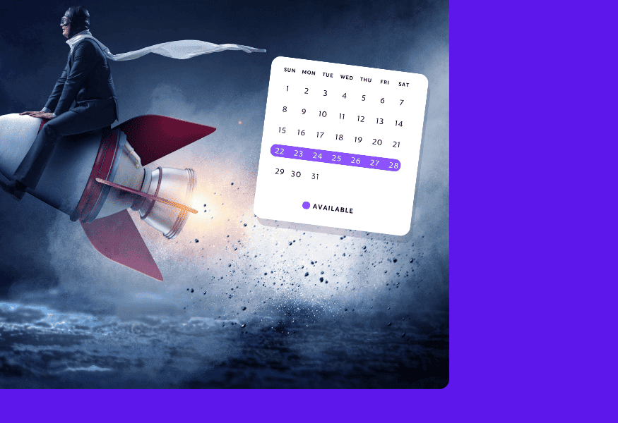 Businessman riding a rocket, calendar dates highlighted, purple accent.