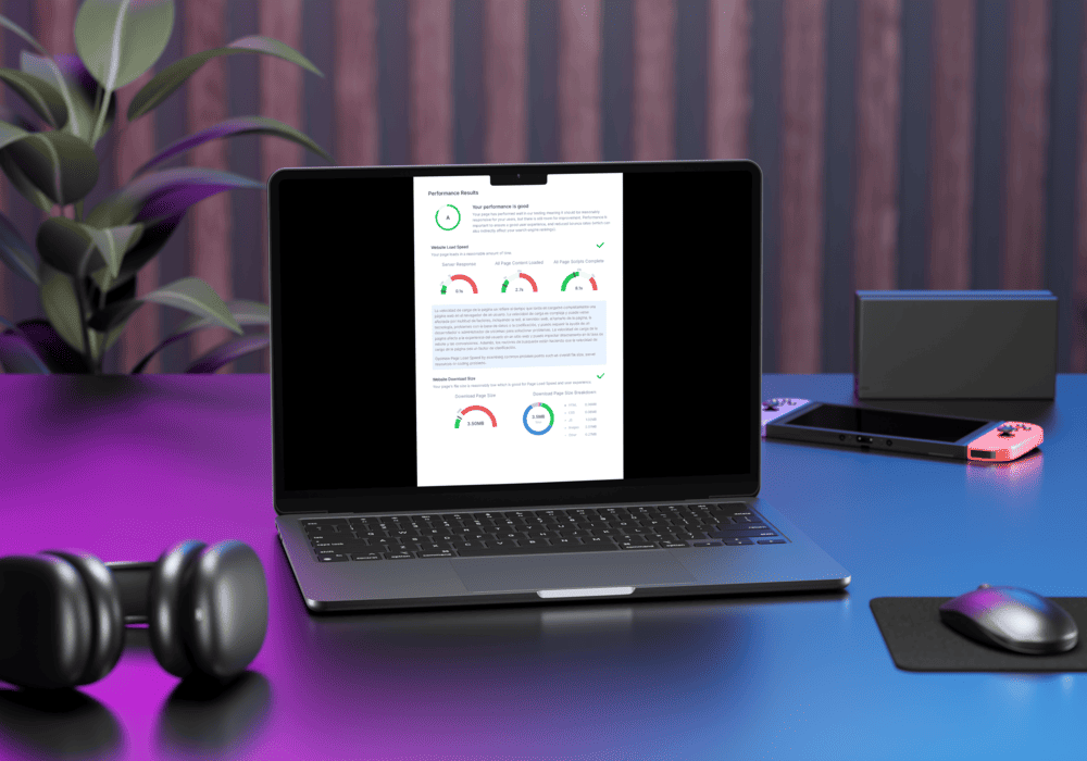 Laptop displaying a performance dashboard, beside a Nintendo Switch, headphones, and mouse on a desk with gradient lighting.