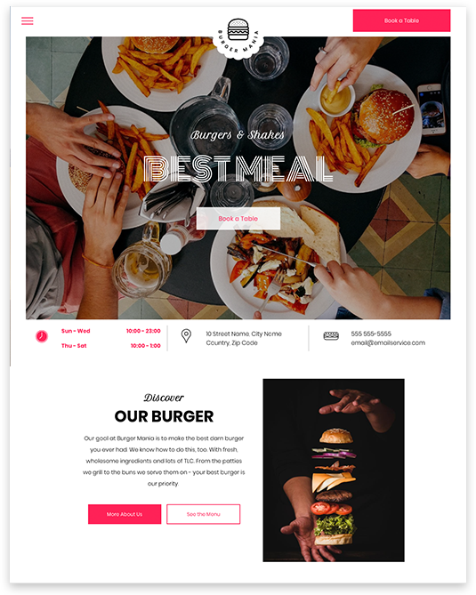 Website homepage for a burger restaurant: people eating burgers and fries.