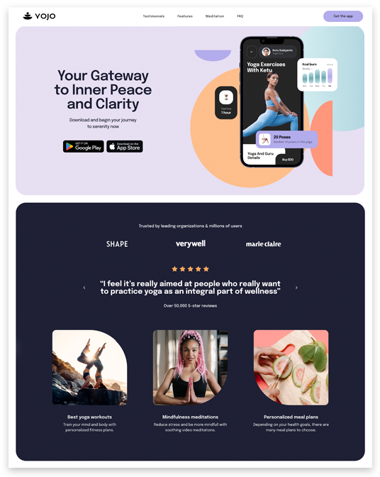 Yoga app landing page: phone displaying yoga workout, app logo, download links.