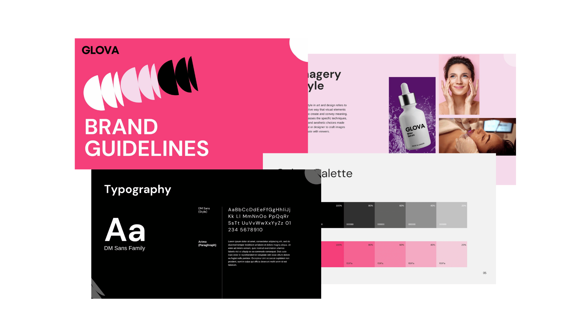 Brand guidelines showcasing color palettes, typography, and skincare product examples.