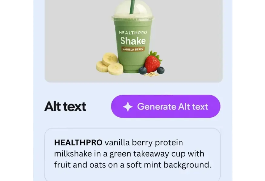 HealthPro vanilla berry protein milkshake with fruit and oats on mint background.
